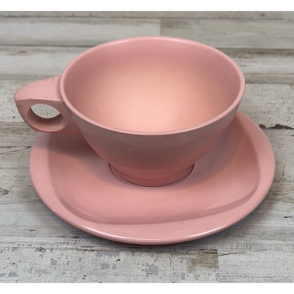 Vintage Boonton Ware Pink Melamine Cup & Saucer Set Mid Century MCM USA